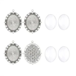 5 Sets Antique Silver Tibetan Style Pendant Oval Clear Glass Cabochon Settings - Picture 1 of 9
