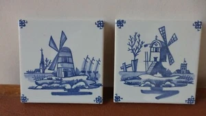 2 ceramic tiles. Carreaux céramique faience. windmills Delft style. Belgium "H". - Picture 1 of 10