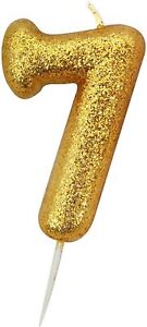 Age 7 Birthday Glitter Numeral Pick Candle Gold with Holders