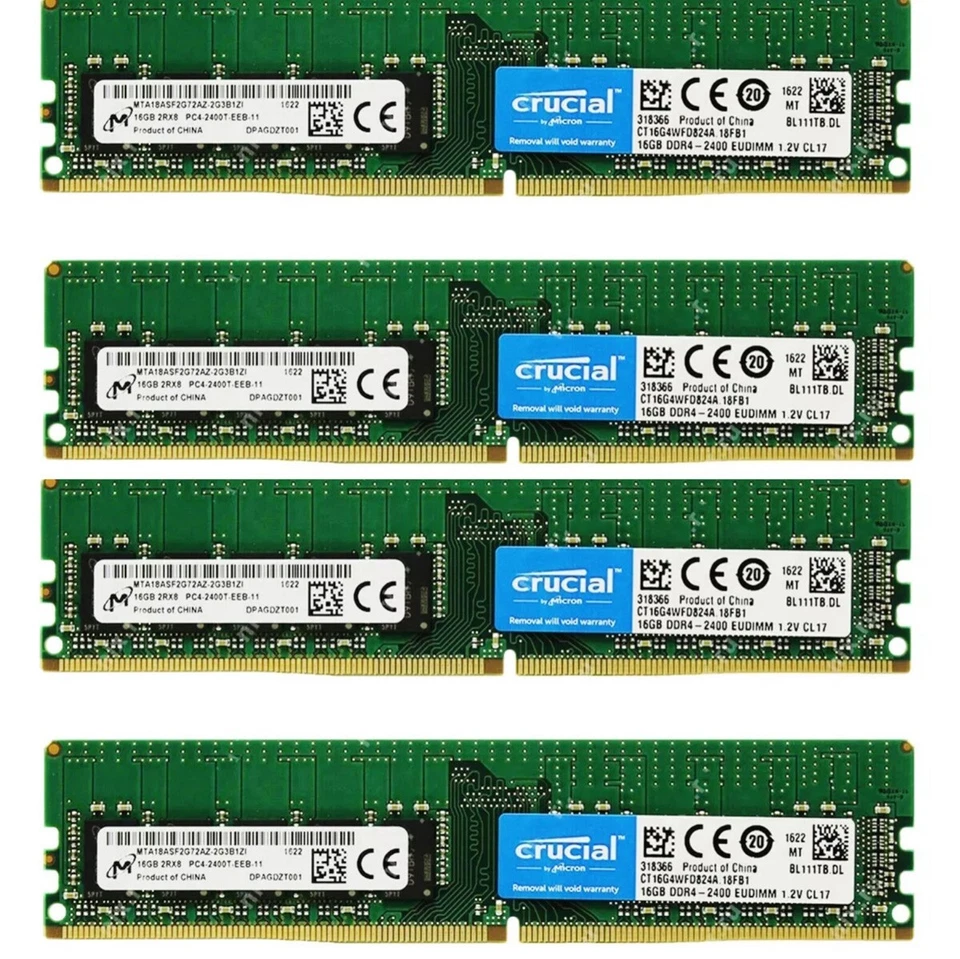 Crucial 64GB (4X16GB) DDR4 2400MHz PC4-19200 ECC UDIMM Memory Ram CT16G4WFD824A - Image 1 of 4