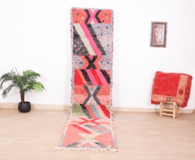 Moroccan Colorful Rug Runner 2x11 Ft Handmade Style Vintage Hallway Red Wool Rug - Image 1 of 4