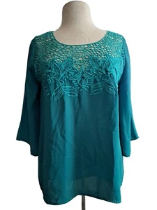 Umgee Women's M Green Chiffon Blouse Neckline Cutouts Embroidered Flowy Boho Top - Picture 1 of 8