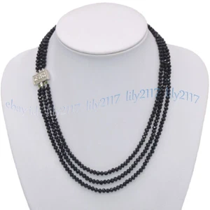 3 Rows Faceted 2x4mm Natural Black Agate Rondelle Gems Beads Necklace 17-19'' - Picture 1 of 7