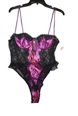 Frederick's of Hollywood 洋红色缎面蕾丝紧身衣 - L 码 - 美国制造 — 第 1/4 张图片