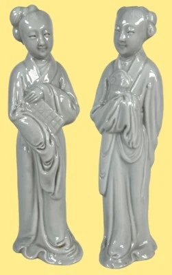 Par de estátuas antigas chinesas chinoiserie Blanc de Chine Court Lady Woman - Imagem 1 de 4