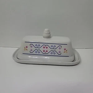 Vintage Cross Stitch Design Ceramic Butter Dish - Picture 1 of 12