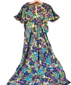 Vintage 1960’s Hawaiian Barkcloth Purple & Blue Flowers Angel Sleeves Size M - Picture 1 of 13