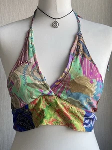 Hand Made Floral Paisley Silk Patch Bralet Halter Crop top Festival Vtg Boho 70s - Picture 1 of 2