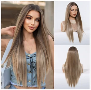 13x6 Large Lace Cap Straight Blonde Brown Human Hair Blend Heat Ok Wigs Women - Picture 1 of 15