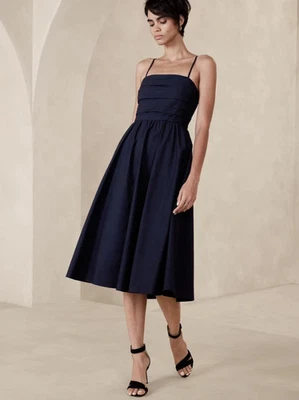 Banana Republic Poplin Gathered Midi Dress Navy Blue 100% Cotton Size 10 $130 - Image 1 of 4