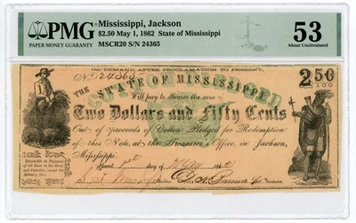 1862 Cr.20 $2.50 The State of MISSISSIPPI "Cotton Pledged" Note - PMG AU 53 - Image 1 of 2