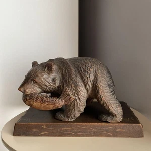 Statua salmone orso legno intagliato Hokkaido Showa retrò antica vintage rara - Foto 1 di 12