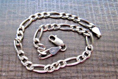 Sterling Silver Figaro Chain Anklet Or Large Bracelet 9.25" Italy Textured Links - Image 1 of 4