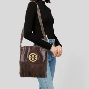 Tory Burch Brown Leather Fringe Crossbody Bag Y2K Boho Logo Medium Shoulder - Picture 1 of 13