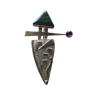 VTG Native American Styled 925 Silver Brooch Malachite Amethyst Geometric Modern - Picture 1 of 8