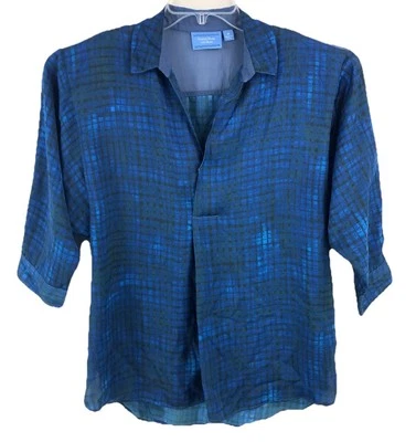 Top Simply Vera Vera Wang azul a cuadros botón puño fluido dobladillo asimétrico talla M | A31 Foto 1 de 4