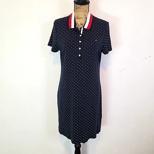 Tommy Hilfiger Womens Sz L Shirt Dress Blue Polka Dot Short Sleeve Collared - Picture 1 of 5