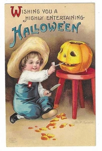 Internationale Kunst Halloween Postkarte signiert Ellen Clapsaddle "Wishing you ...." - Bild 1 von 2