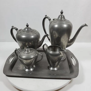 Antigua tetera de peltre media luna de 1916 cafetera crema azúcar - Imagen 1 de 15