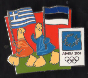 ATHENS 2004 OLYMPIC GAMES PIN. MASCOTS ATHENA & PHIVOS HOLDING FLAG OF ESTONIA