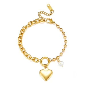 18k Gold Plated Heart and Pearl Charm Bracelet - Picture 1 of 2