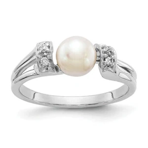14K Solid White Gold 6mm Freshwater Cultured Pearl Diamond Ring - Picture 1 of 10