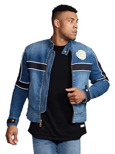 $455 Designer Rare TRUE RELIGION Men Fully Lined Logo Patch Denim Jeans Jacket S - Picture 1 of 6