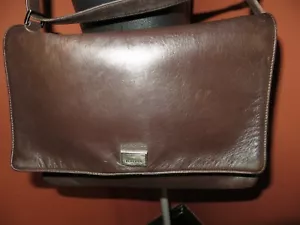 PERLINA NY Leather Purse Handbag Dark Brown & Black trim 11x9x3"-9-15" Drop - Picture 1 of 6