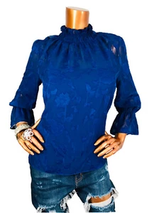 Sugar & Lips M Top NWT $70 Floral Blouse w/ Lining Mock Neck 3/4 Navy Shirt Shee - Picture 1 of 12