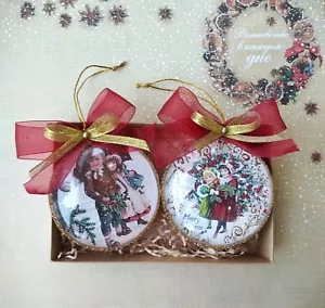 Ornamento natalizio da appendere 2 palline decorazione Navidad fatto a mano stile vintage medaglione - Foto 1 di 7