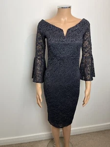 Quiz grey silver lace bardot bell flared sleeve pencil midi dress UK 8 - Picture 1 of 9
