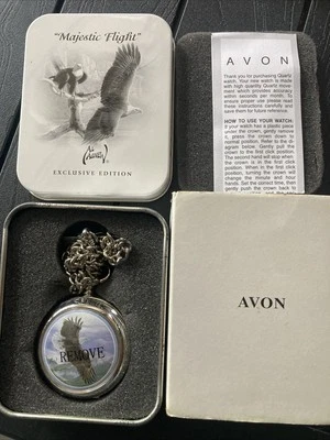 Avon Al Agnes Pocket Watch 47mm Eagle Silver Tone Chain Box New - Image 1 of 4
