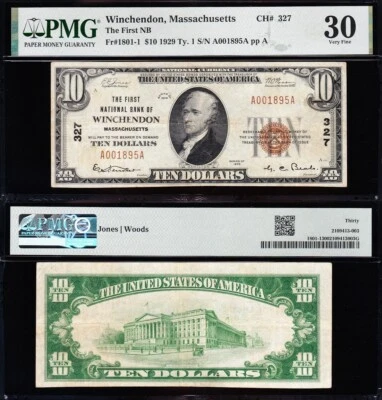 Awesome *RARE* Crisp Choice VF++ 1929 $10 WINCHENDON, MA National! PMG 30! 01895 - Image 1 of 3