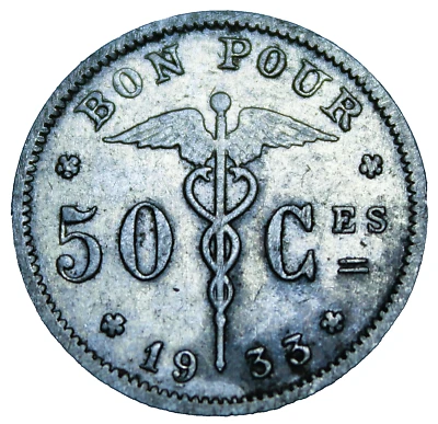 Bélgica 50 céntimos, 1933 leyenda francesa ~ Caduceo ~ envío gratuito #A298 Foto 1 de 2