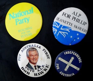 VINTAGE AUSTRALIAN POLITICAL BADGES: LIBERAL, ALP (HAWKE & MCHUGH) & EUREKA FLAG - Picture 1 of 5