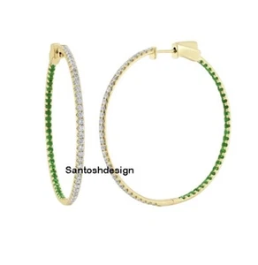 Beautiful Designer Diamond Emerald 925 Sterling Silver Hoop Earring Jewelry,Gift - Picture 1 of 2