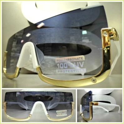 Elegante y Elegante GAFAS DE SOL RETRO Estilo ESCUDO Marco Dorado y Blanco Lente Plana Foto 1 de 4