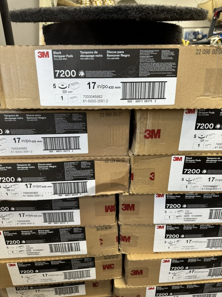 3M 20 in 7200 Case of 5 Black Stripper Pads 175-600rpm Floor Scrubber