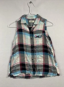 Girls Abercrombie Kids Size 11/12 Blue White Plaid Top Sleeveless Button Up - Picture 1 of 5