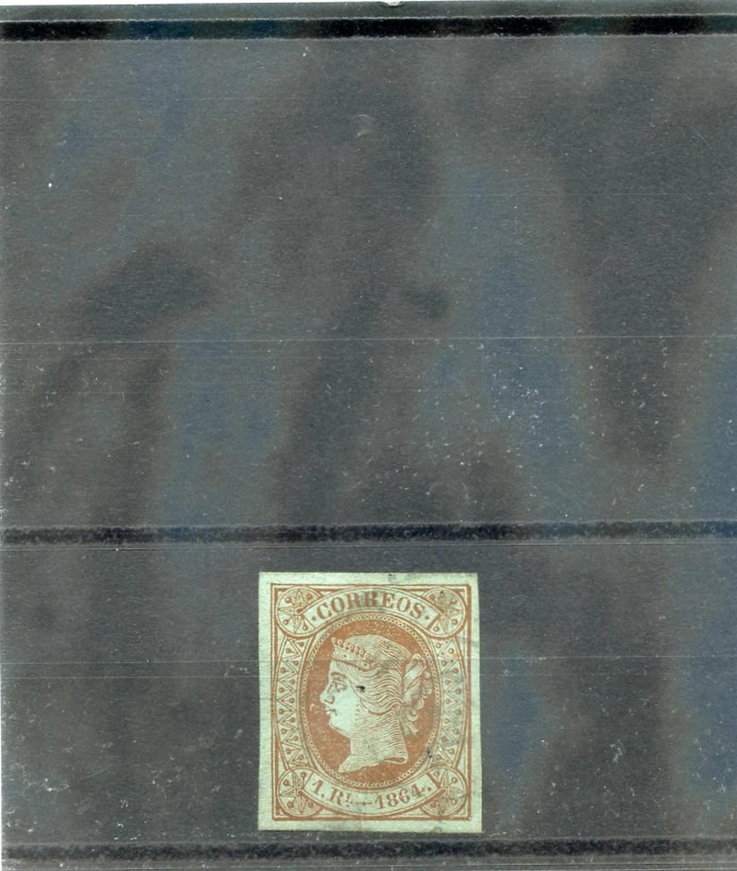 ESPANHA Sc 65(SG 79) MUITO BOM ESTADO USADO 1864 1R MARROM/VERDE, PAPEL COLORIDO US$ 100 - Imagem 1 de 1