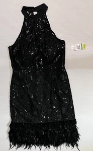 GB Pailletten Feder Neckholder Top Minikleid Neu mit Etikett schwarz Gr. L - Bild 1 von 16