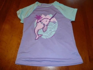 Lands' End Rash Guard Short Sleeve Girls Large (10-12) narwhal pastel swim shirt - Picture 1 of 6