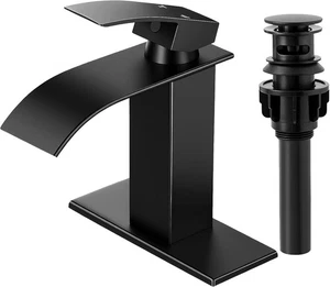 Grifos de baño negros mate, grifo de lavabo de baño en cascada moderno de un solo mango - Imagen 1 de 9