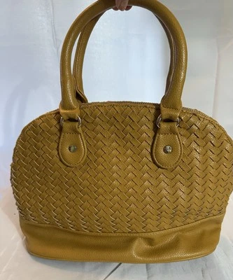 Neiman Marcus Woven Leather Satchel Tan Mustard Color Shoulder Handbag Purse - Image 1 of 4