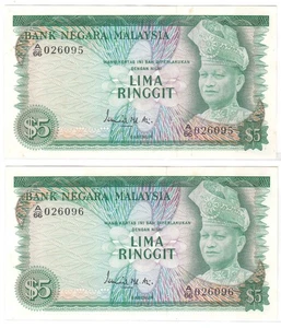 Mazuma *M5815 Malaysia Ismail 2nd $5 A/66 026095-096 2 Running AU *Foxing - Picture 1 of 2