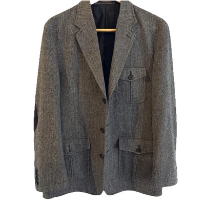 Tasso Elba Safari Style Jacket Herringbone Wool Blend Black Elbow Patches Size M - Image 1 of 4