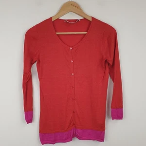 LK Bennett Cardigan Womens Small Red Pink Trim 100% Tussah Silk Knit 3/4 Sleeve - Picture 1 of 10