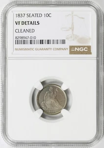 Moneda de diez centavos libertad sentada 1837 10c NGC VF detalles limpiados - Imagen 1 de 4