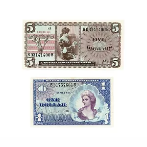 Set of 2 diff. US MPC $1 xf, $5 AU-Unc. Series 661 - Picture 1 of 2