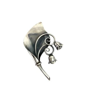 Vtg Sterling Silver Danish Hallmark OBJ Mid Century Lily of Valley Flower Brooch - Picture 1 of 6